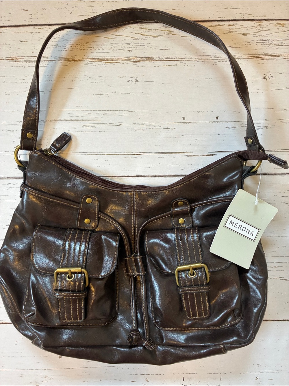 Merona Dark Brown Faux Leather Hobo Shoulder Bag with Front Buckle Pockets, NWT